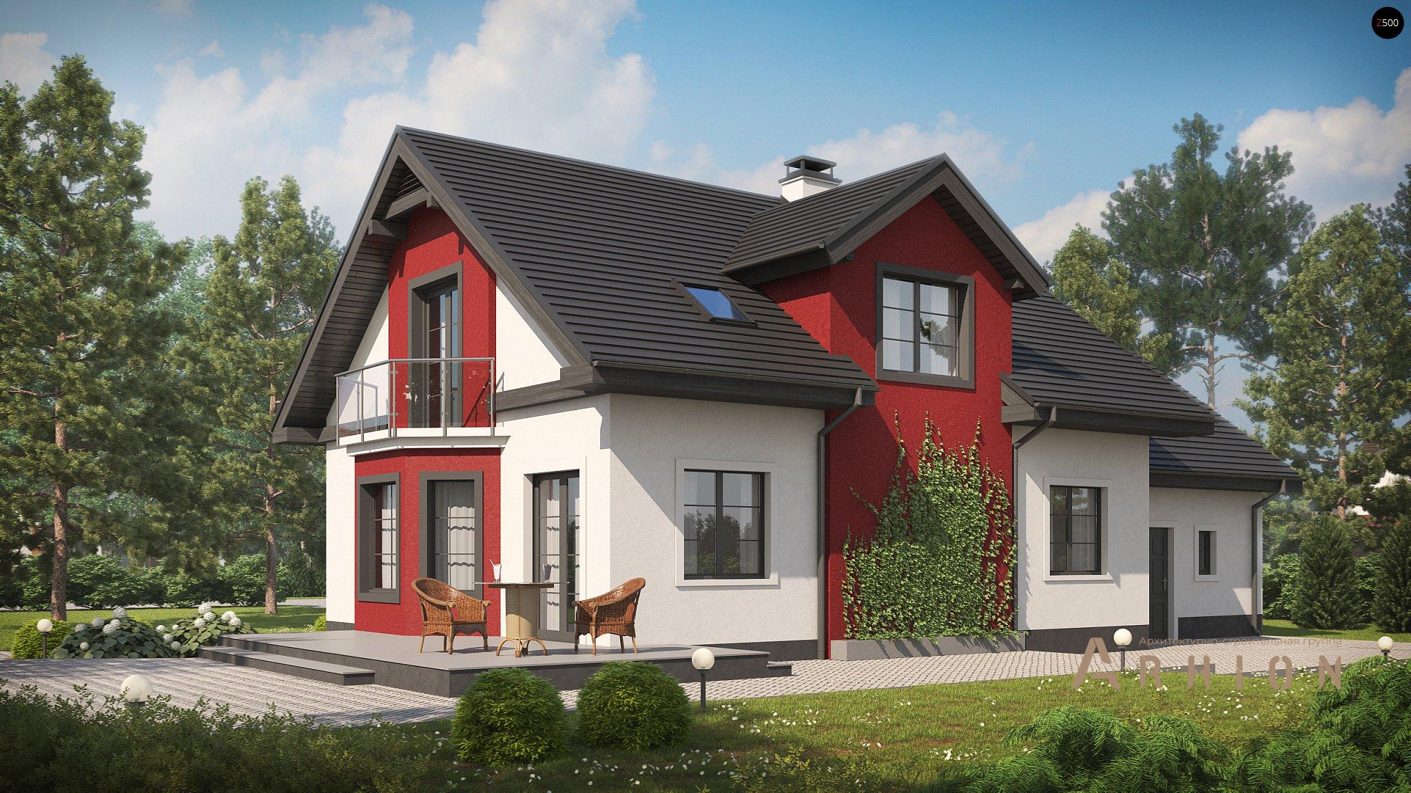 2. Проект одноэтажного дома в европейском стиле с двускатной кровлей, Z28 GL, площадью - 233 кв c мансардой, терассой, балконом, гаражом, эркером